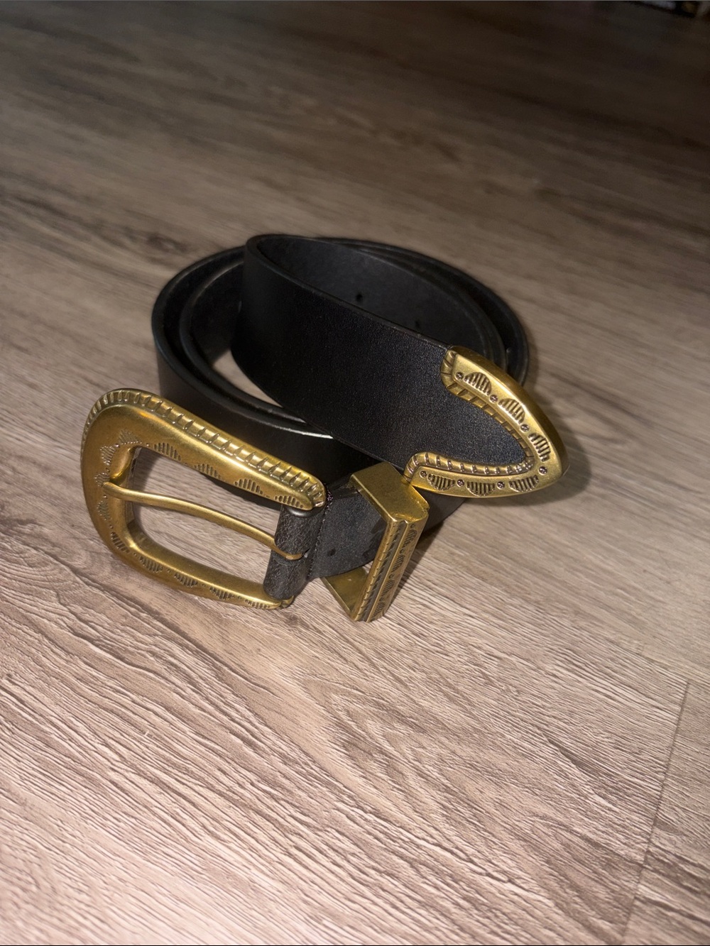 Lucky Brand Black Genuine Leather Belt with Distressed Western Gold Buckle